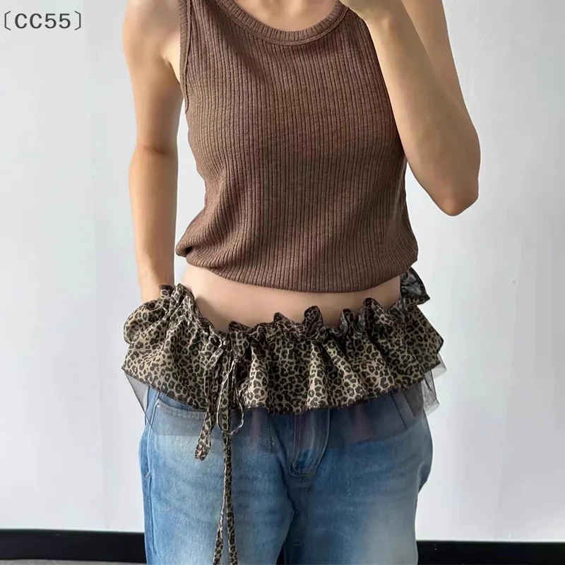 [CC55」 أزياء ريترو ليوبارد طباعة شبكة حزام المرأة شيك الدانتيل تكدرت طبقات تنورة الخصر