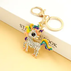 Creative Cartoon Colourful Unicorn Rhinestones Enamel Keychain Bag Pendant Car Interior Lucky Amulet Lovely Animal Key Ring