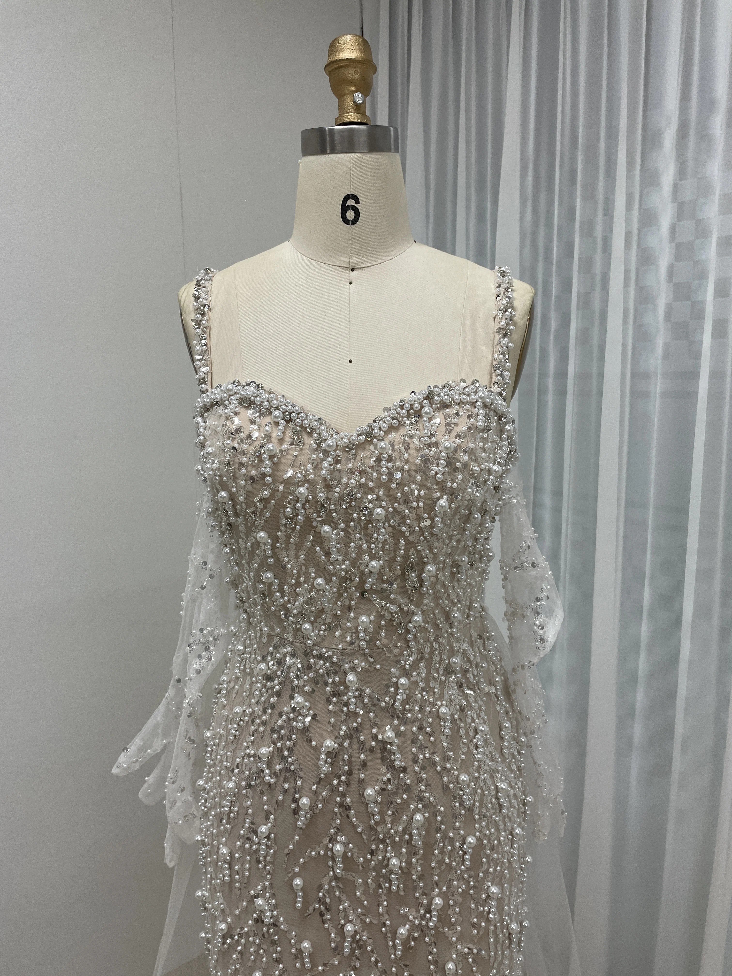 MYMB Sparkly ลูกปัดสปาเก็ตตี้ Mermaid งานแต่งงานชุดคํา Sweetheart คอคริสตัลลูกปัดชุดราตรีถุงมือ