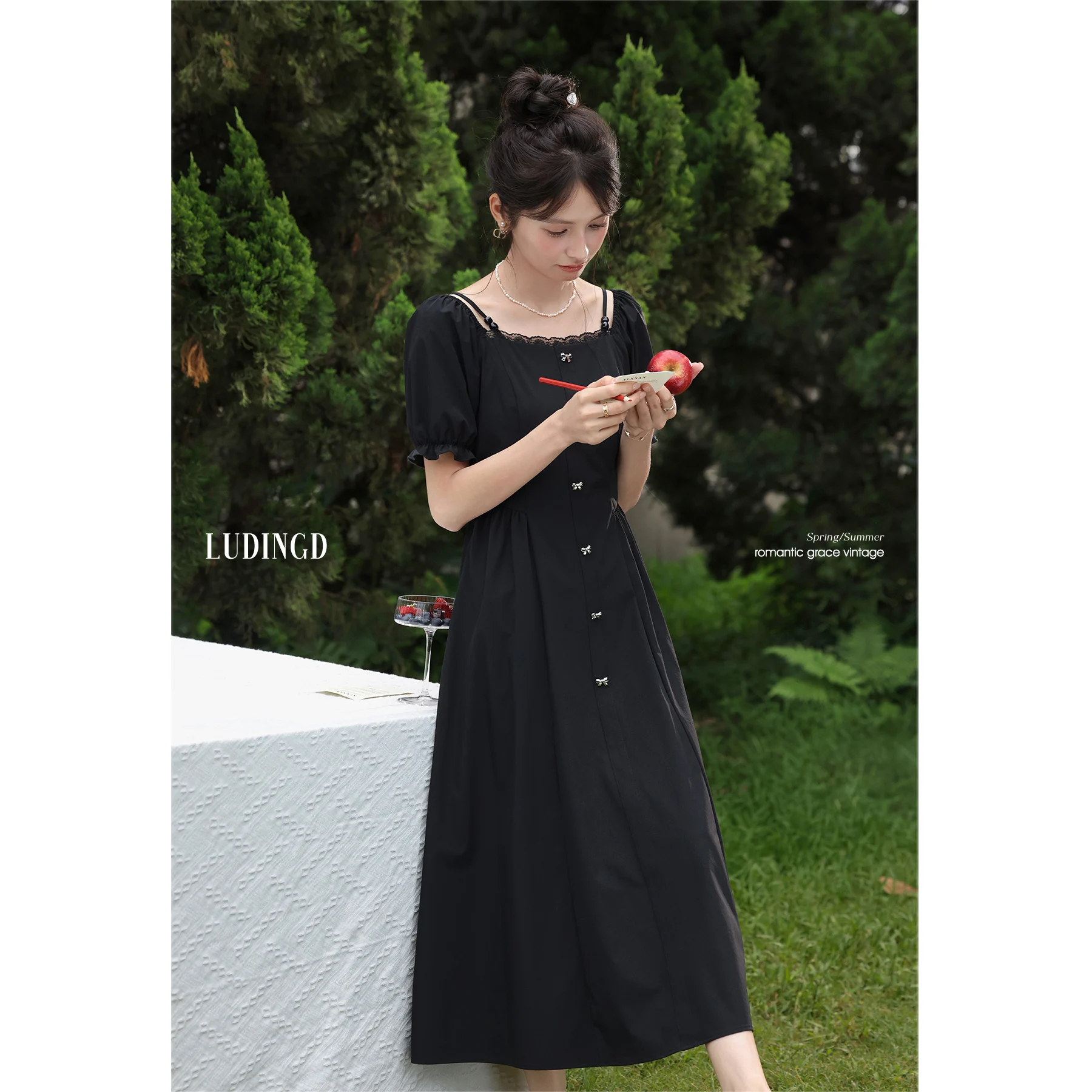 

ALXNAN Plus Size Black Dress Long Square Collar Lace Bow Chic Buttons Dress 2025 Summer Elegant Holiday Female Clothing D11387