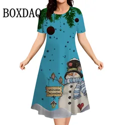 New Women's Dresses Christmas Print Party Clothing Elegant Casual Short Sleeve Dresses 2024 Y2k Fashion Women Xmas Snowman Dress