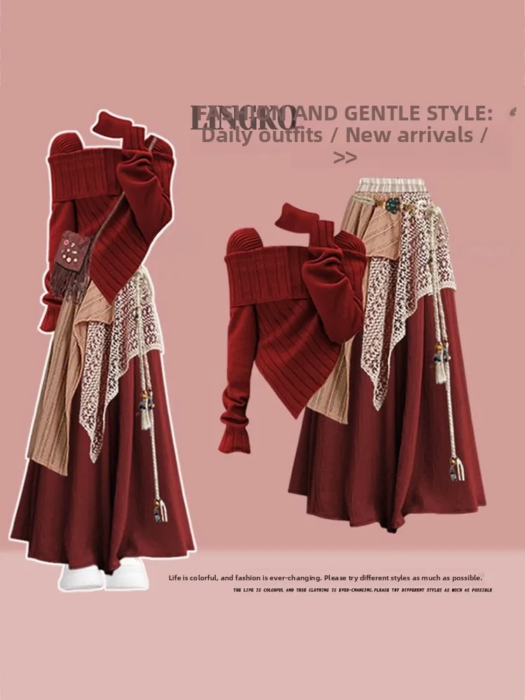 Cisas Red plus Size Autumn Winter Casual Knitted Sweater And Slimming Skirt Tee Piece Set for Women Anti-Aging Trendy