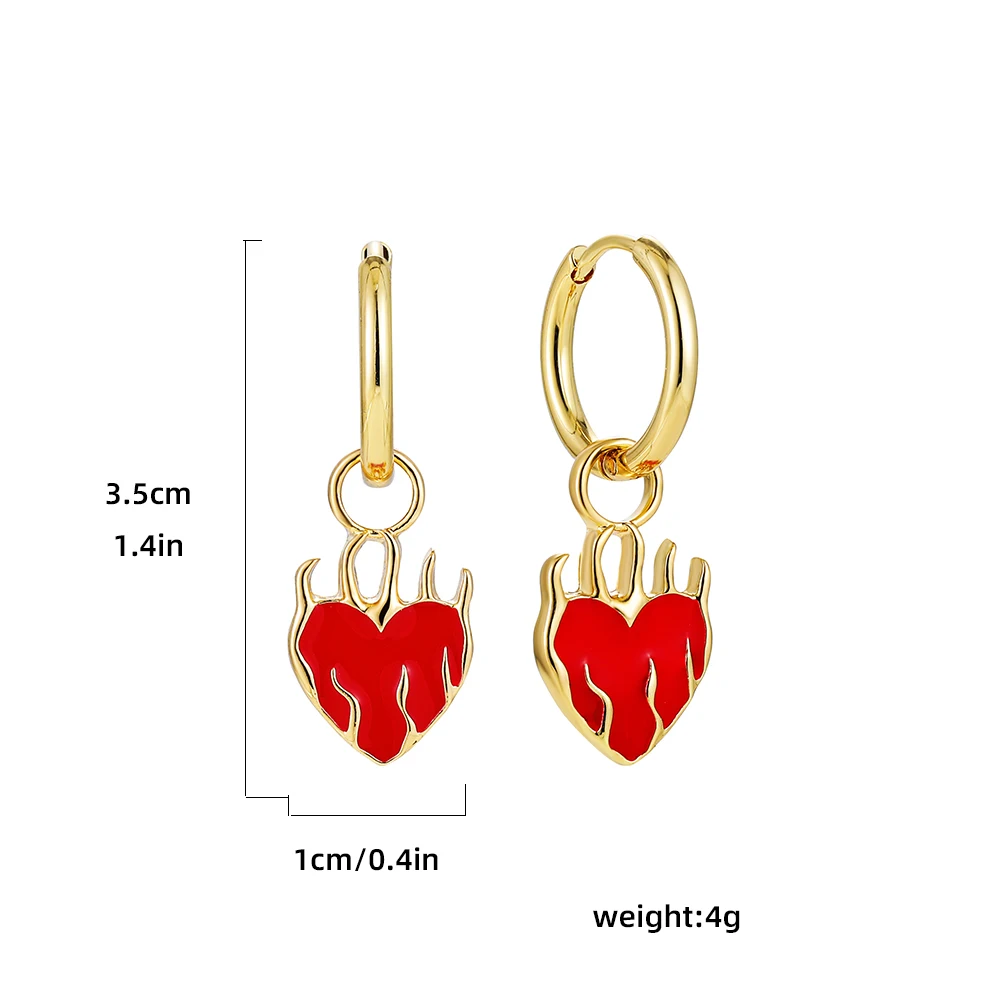 Fashion Love Heart Fire Flame Charms Hoop Earrings for Women 18K Gold Plated Stainless Steel Small Circle Huggies Jewelry Gifts