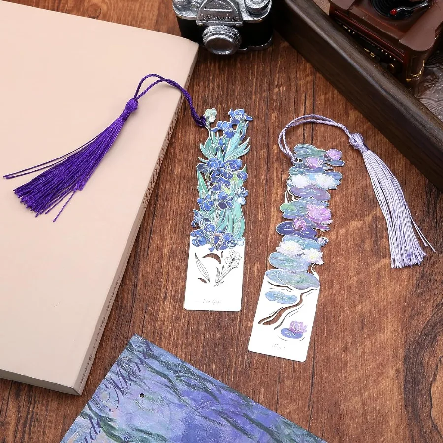 2 PCS Metal Bookmarks with Tassel Oil Painting Water Lilies and Irises Bookmark Pretty Bookmarks for Women Very Beautiful Bookm