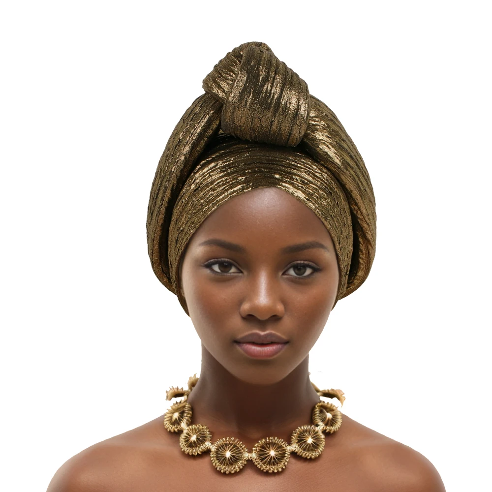 Shining Top Knotted African Headtie Women's Turban Cap Traditional African Headdress Auto Gele Head Wraps Nigerian Wedding Geles