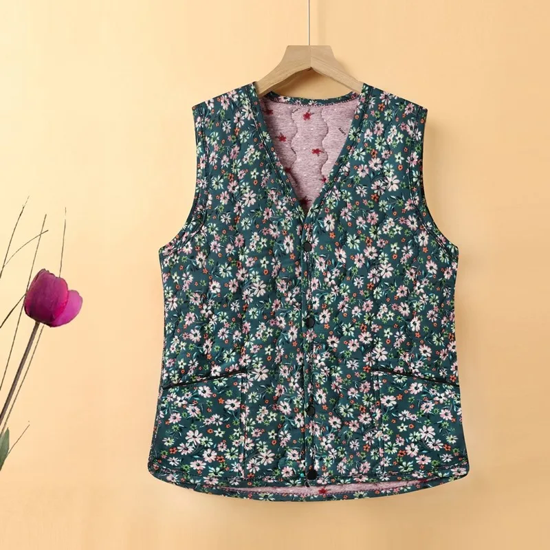 Women flowers Vests Autumn Ultra-light Sleeveless Jacket Winter Warm Cotton Base Vest  Button Waistcoat Female