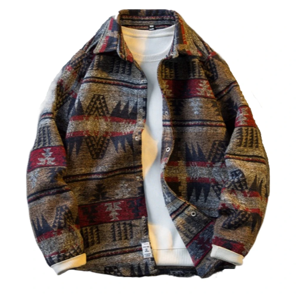 Men's Trendy Japanese Retro Ethnic Coat Soft Brushed Flannel Shacket Long Sleeve Casual Spring Fall Warm Wool Blend Shirt Jacket
