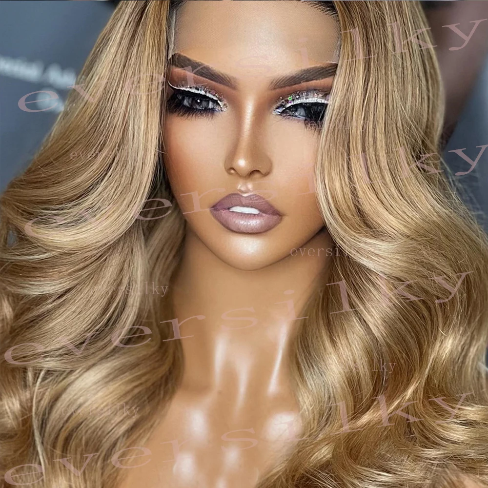 Ombre Ash Honey Blonde Wavy V Part Wig Remy 100% Human Hair Loose Wave Glueless Highlight Golden Brown Full End U Shape Wigs