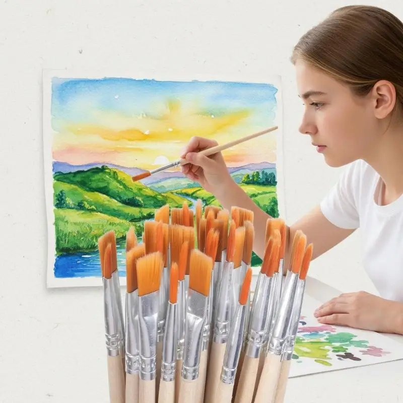 20/50/100 Pcs Wood Handle Painting Brushes Set Art Round Flat Hair Nylon Hair Paint Brush For Acrylic Watercolor