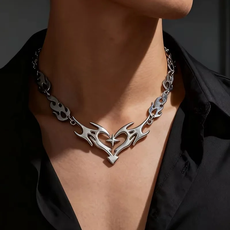 2-piece Gothic Flame Star necklace set with barbed wire chain, hollow Flame Star pendant, silver barbed chain, punk jewelry