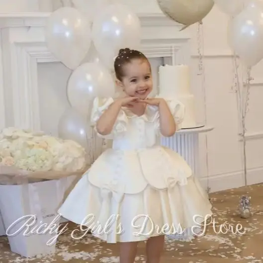 Satin Ivory Flower Girl Dress Short Puff Sleeves Princess Dress For Wedding Birthday Party Flower Girl Baptismal Dress With Bow