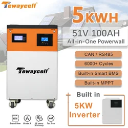 Tewaycell 5KWH 51.2V 100AH Solar System All-in-One Powerwall LiFePO4 Battery Pack Built-in 5KW Inverter for Home Energy Storage