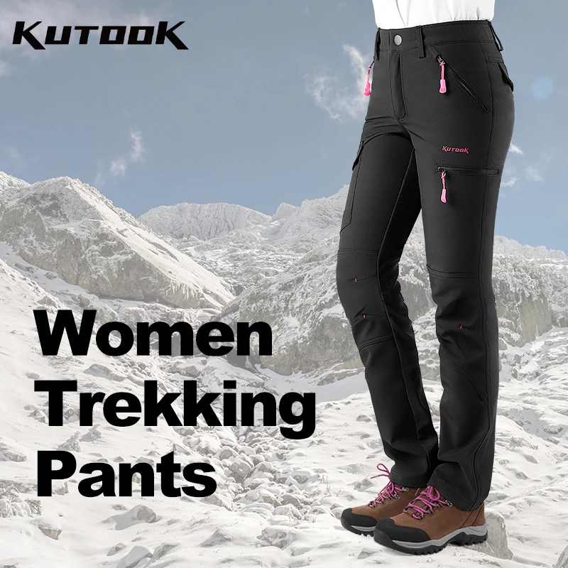 KUTOOK Women Hiking Pants Quick Dry Fleece Trekking Trousers for Outdoor Camp Climbing Waterproof Soft Shell Pants Multi Pockets