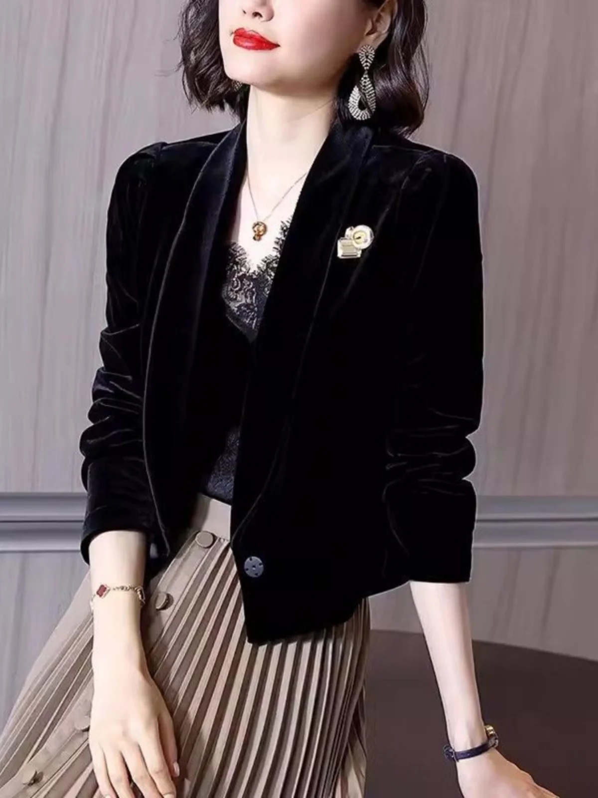 

Casual Velvet ort Suit Jaet Women's New Sle Little Bla Cardigan irt Loose Fit Polyester Fiber Long Sve Pure Color