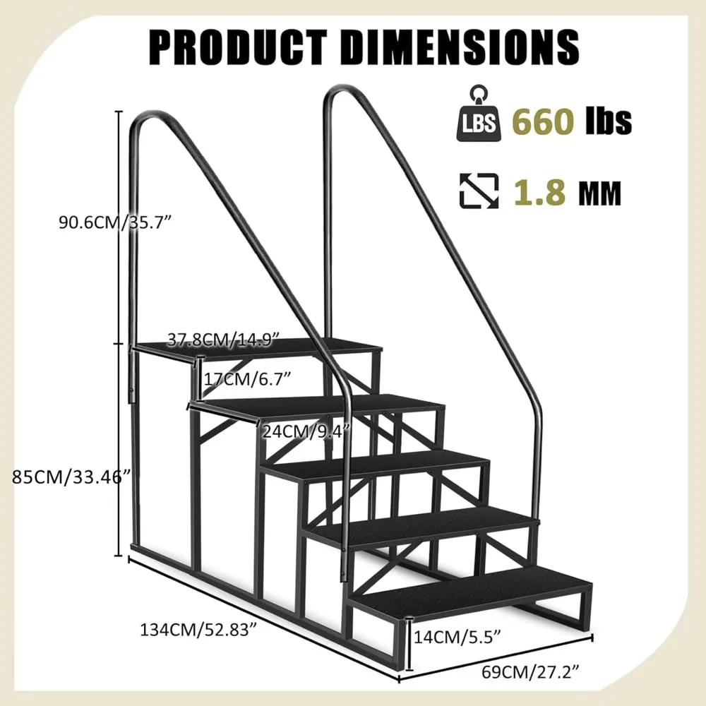 سلم حوض سباحة عالي التحمل فوق الأرض بسعة 660 رطل، ومقبض مقعد متدرج، وخطوات خارجية للوصول إلى RV والتخييم