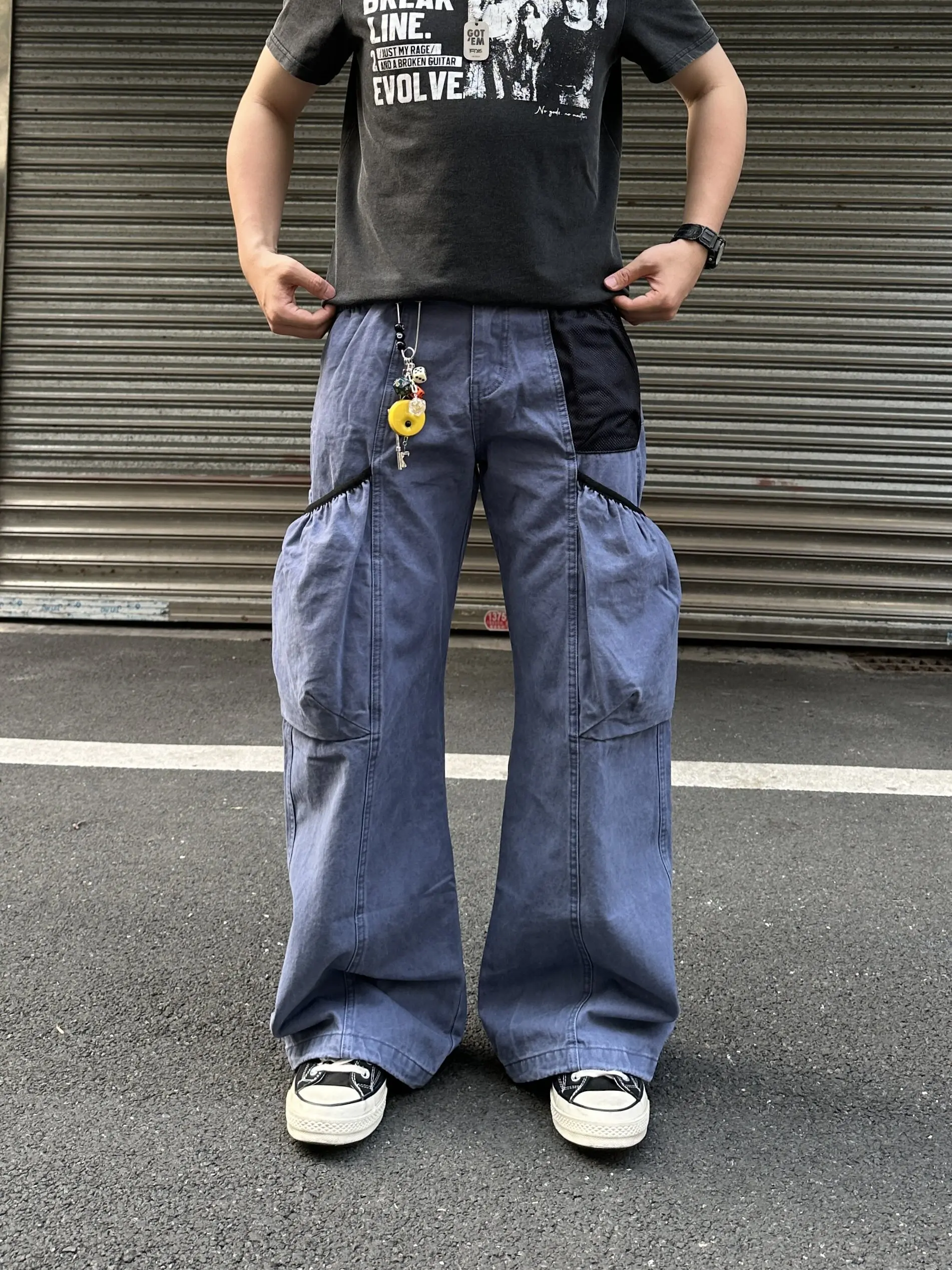 

Retro American High Street Blue Washed Multi Pocket Workwear Trousers Wide Leg Gardener Pants Men Women Trendy Straight Cut
