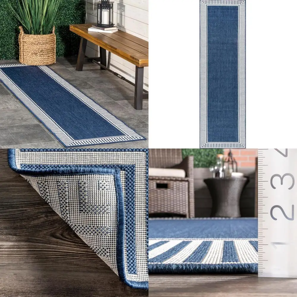 

Stain-Resistant Navy Striped Casual Area Rug - Highly Durable for Outdoor and Indoor Use, 2x10 Feet, Asha Design with Striped Bo