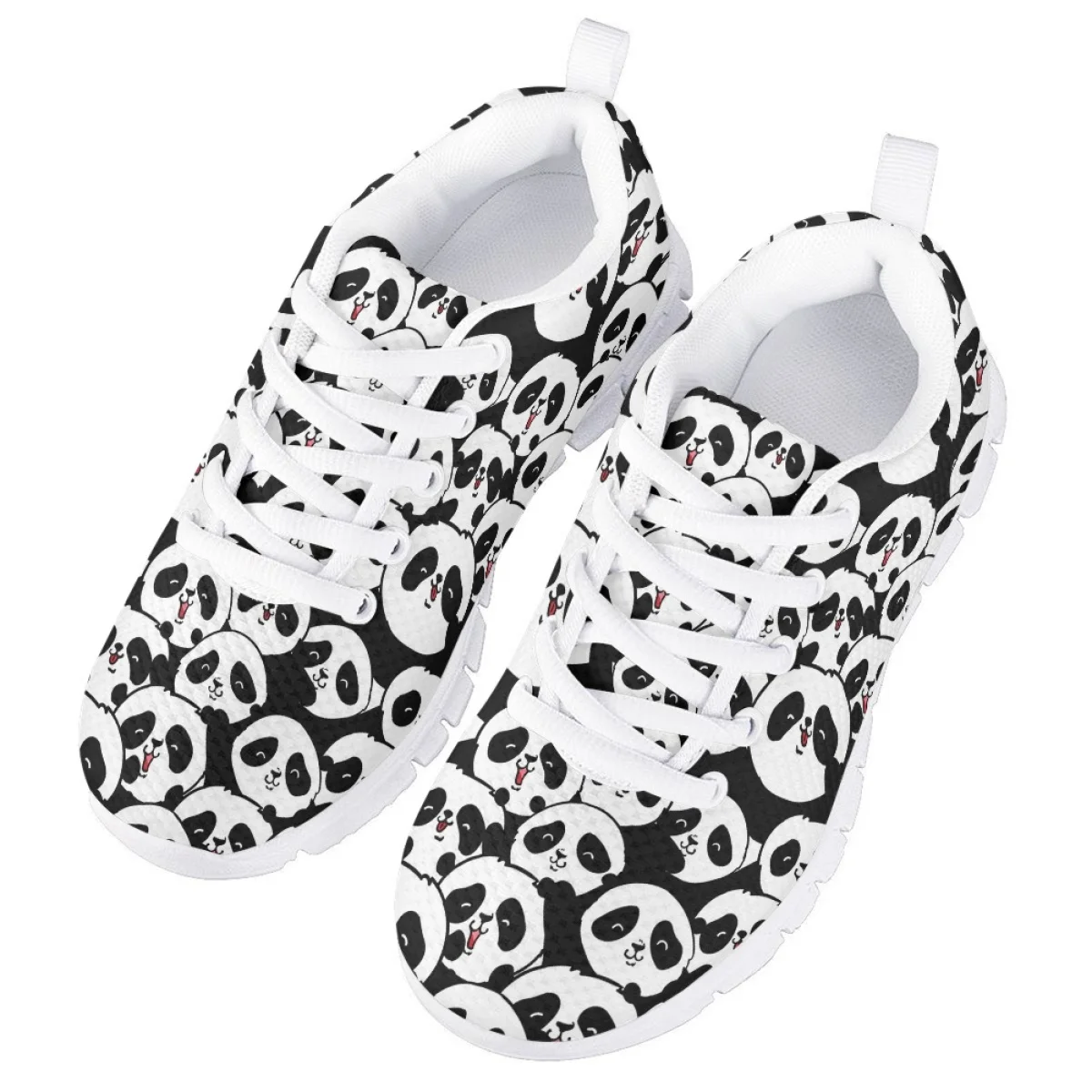 Schwarz weiß Panda Cartoon Muster schnüren flache Schuhe für Kinder leichte Mesh Sneakers Teen Mädchen Kinder Muster Sportschuhe