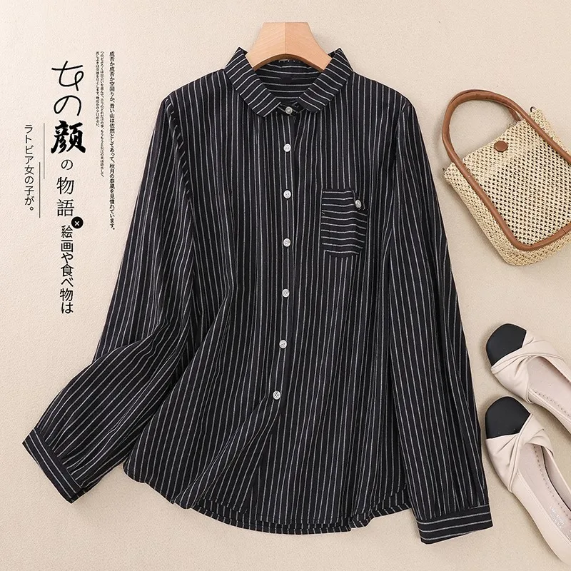 Women Long Sleeve Striped Shirt New 2024 Spring Vintage Style Turn-down Collar Basics Female Cotton Casual Tops Shirts B3668