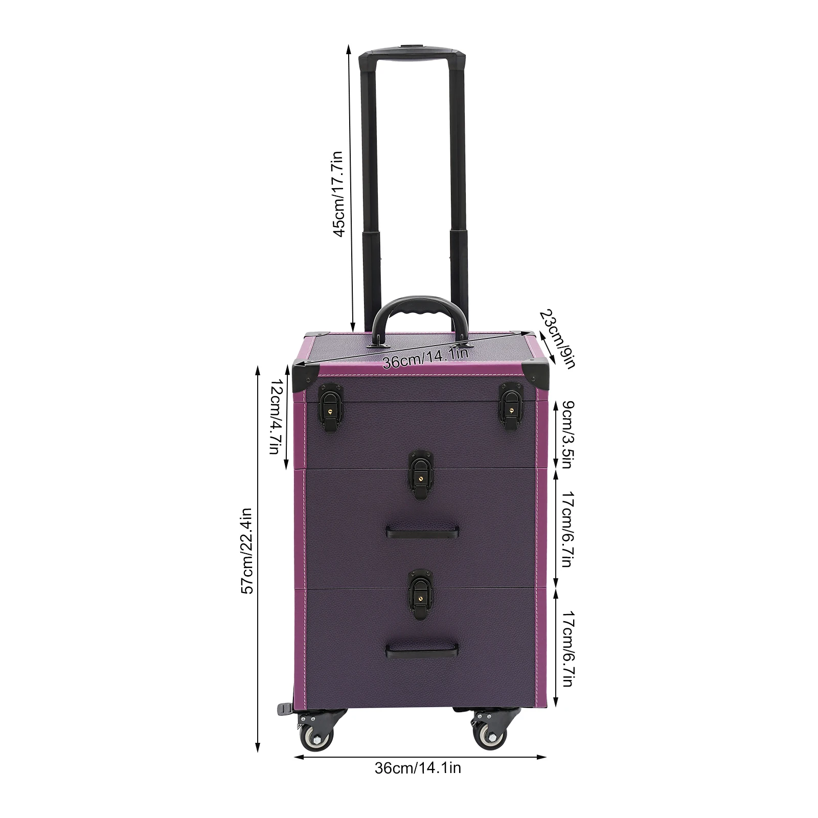 Large Capacity Makeup Train Case with 45 Slots, Removable Clear Bag, Two Drawers for Hair Tools, Silent Wheels and Telescopic