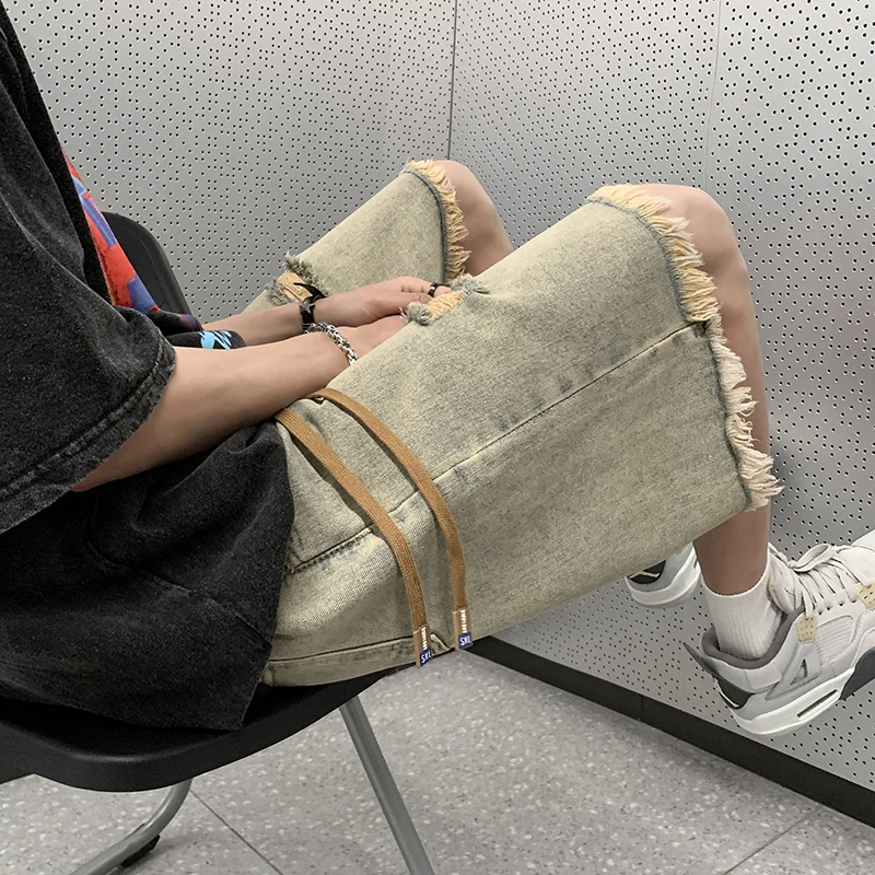 

Waed Denim orts Men's American Vibe Trendy Brand Loose Wide Leg Five-Point Middle Pants Yellow Mud Color Casual orts