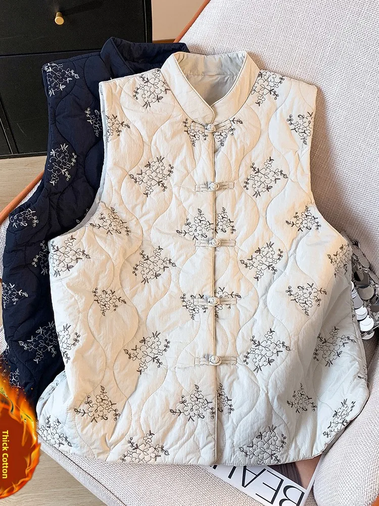 

Хлопковый жилет с вышивкой Ele, женский модный зимний жилет 2024, воротник-стойка, пуговицы, детали, растительный цветочный узор