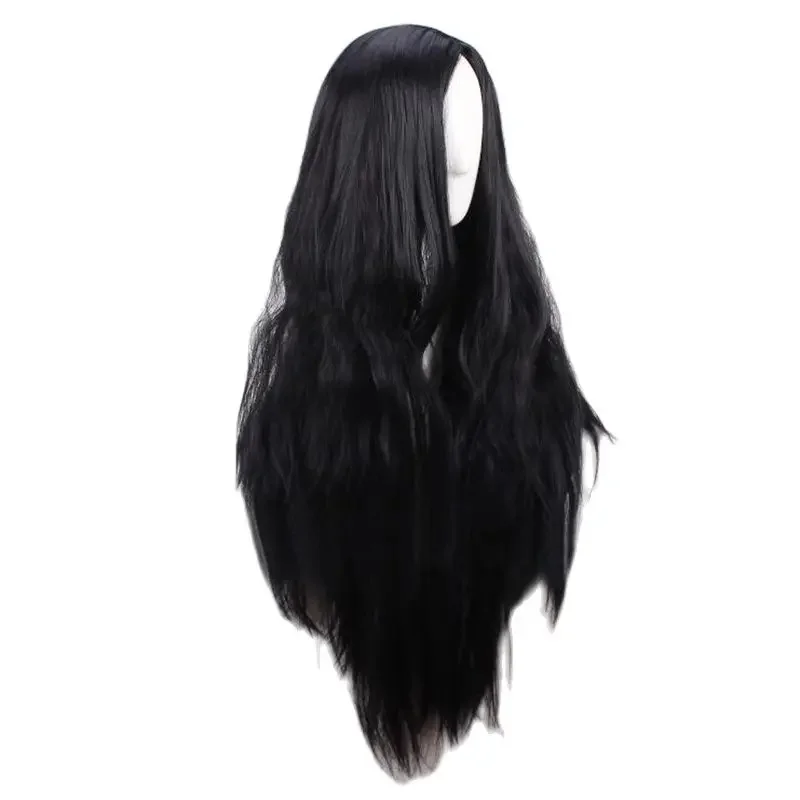 f,5.g'6j/8, Peluca de pelo sintético resistente al calor, de 80 cm de largo, color negro, con rizos, ideal para cosplay + gorro para peluca 6;y'4f,9/x.