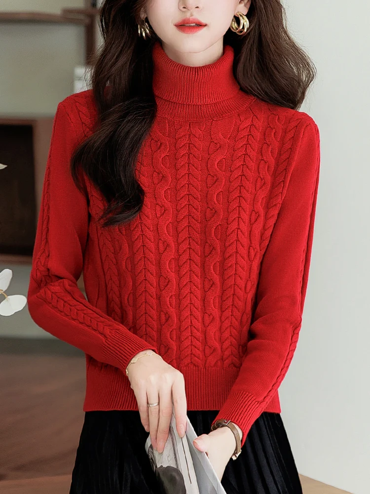 

Красный вязаный свитер с высоким воротником для женщин, зимний модный повседневный однотонный прямой топ без рукавов