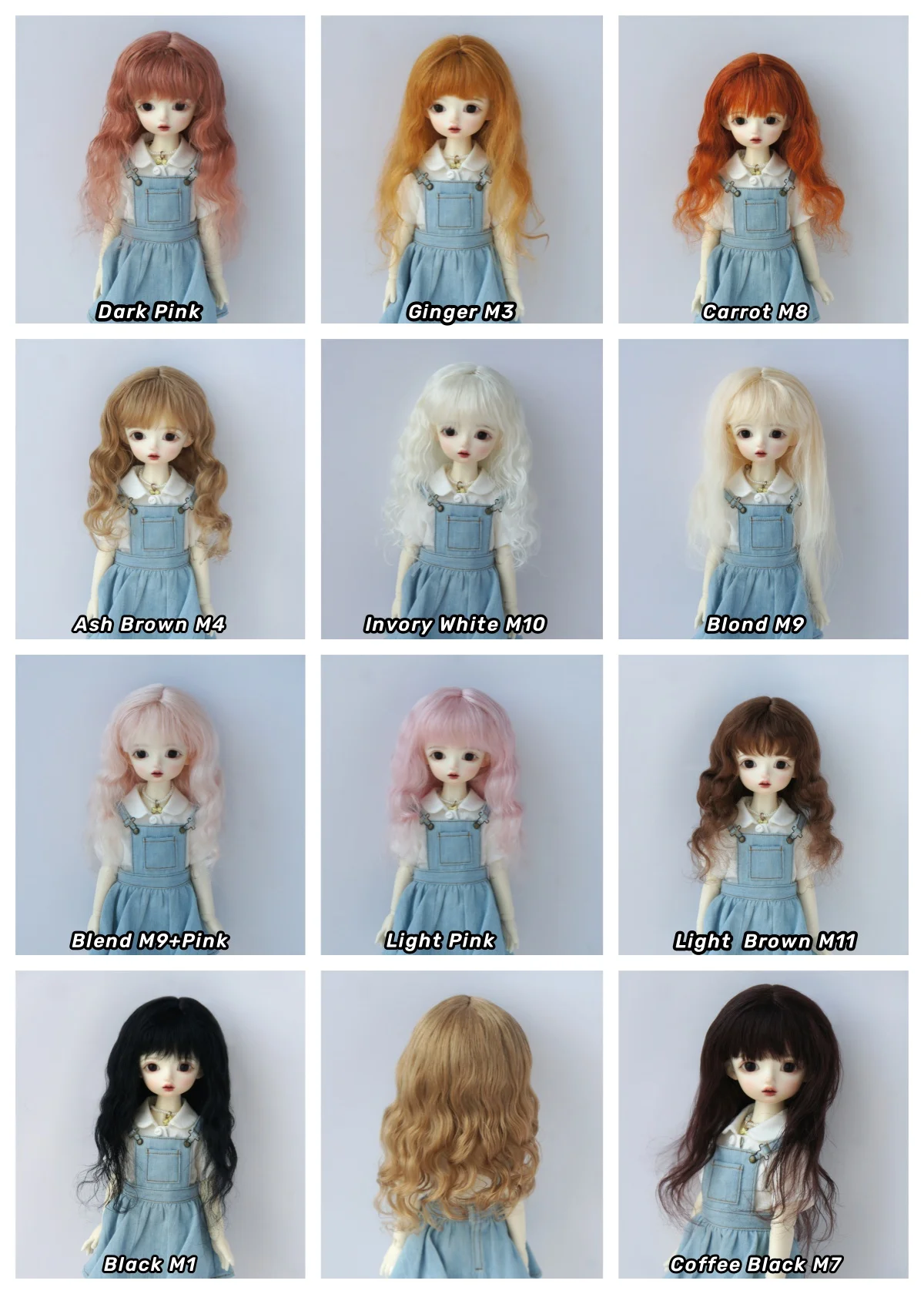 JD842 All Sizes Long Curly BJD Mohair Wigs Suit For Size 3-4inch to 10-11inch Doll Hair 1/12 1/8 1/9 1/4 1/3 Blythe Accessories