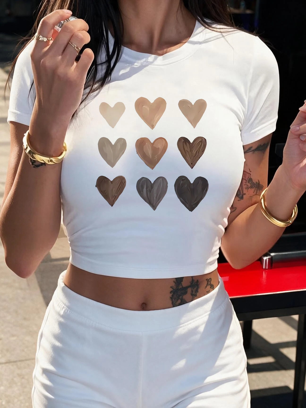 Fashion Y2k Cropped T Shirt with Nine Heart Print Graphic Sexy Crop Tops Women's Crew Neck Short Sleeve T-shirt Clothes Girls