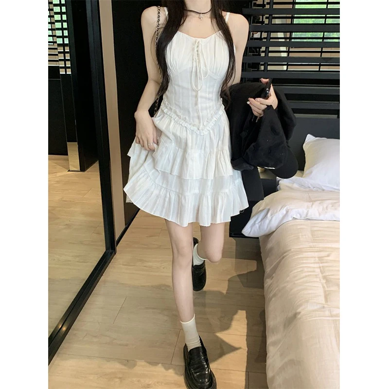 MEXZT Sweet Ruffles Mini Dress Women Y2K White Sexy Spaghetti Strap One Pieces Dresses Summer Korean Party Prom Bodycon Vestidos