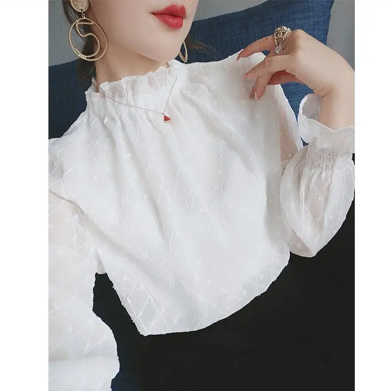 Spring  Autumn New Fashion Half high collar Long sleeve Blouses Women\'s Clothing Chiffon Pleated Lace Korean All-match Shirts