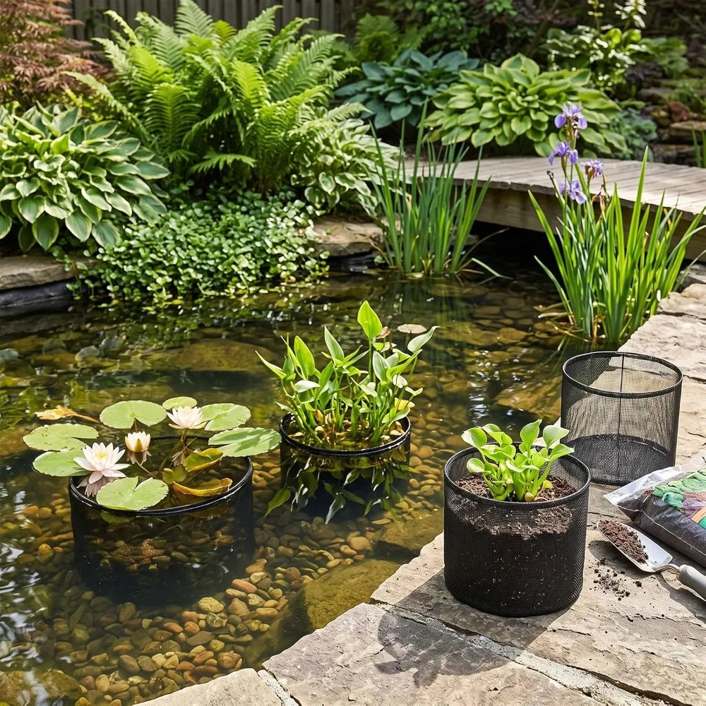 Durable 7 Inch Pond Plant Baskets PVC 1/16 Inch Mesh Aquatic Plant Bags Round Black Water Garden Plant Pots Bog Plant