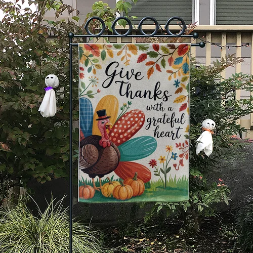 Regala grazie con una bandiera da giardino con cuore grato – Simpatica Turchia autunnale del Ringraziamento De JJE