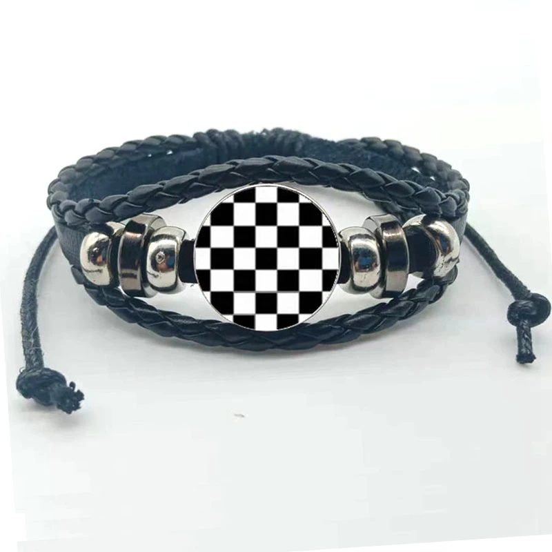 New black and white plaid glass bracelet Cool black dot leather bracelet Party fashion jewelry