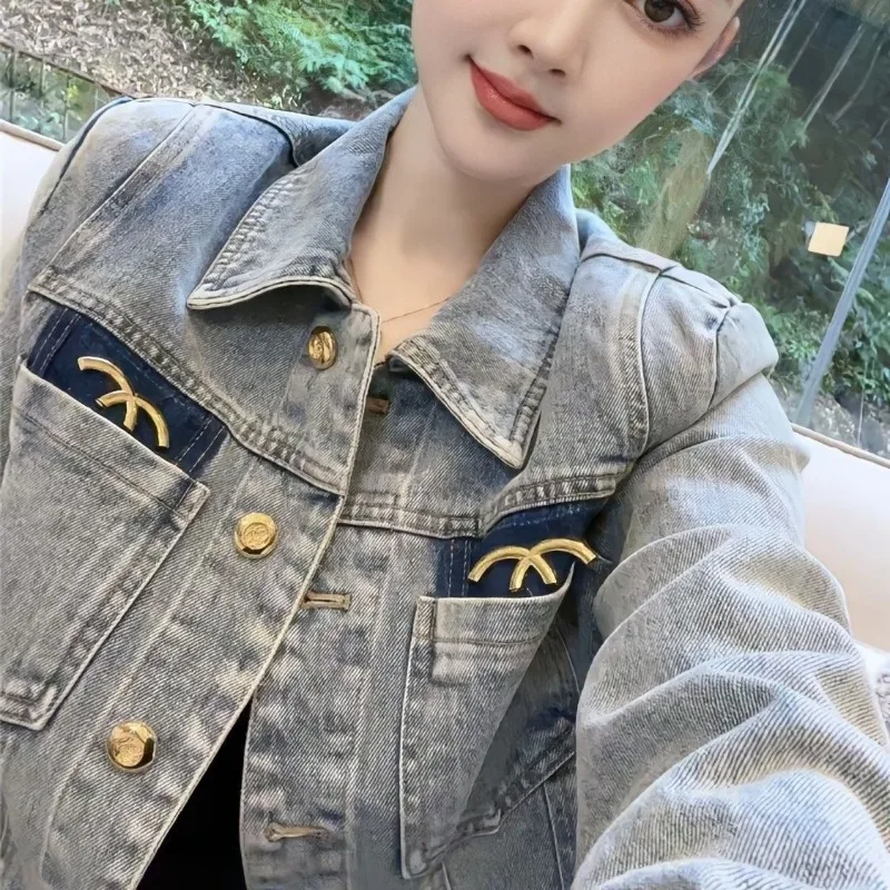 Vintage Embroidery Spring Autumn Denim Jacket Women Clothes Trend Coats Short Tops Long Sleeves Outerwear Streetwear Blue Cowboy