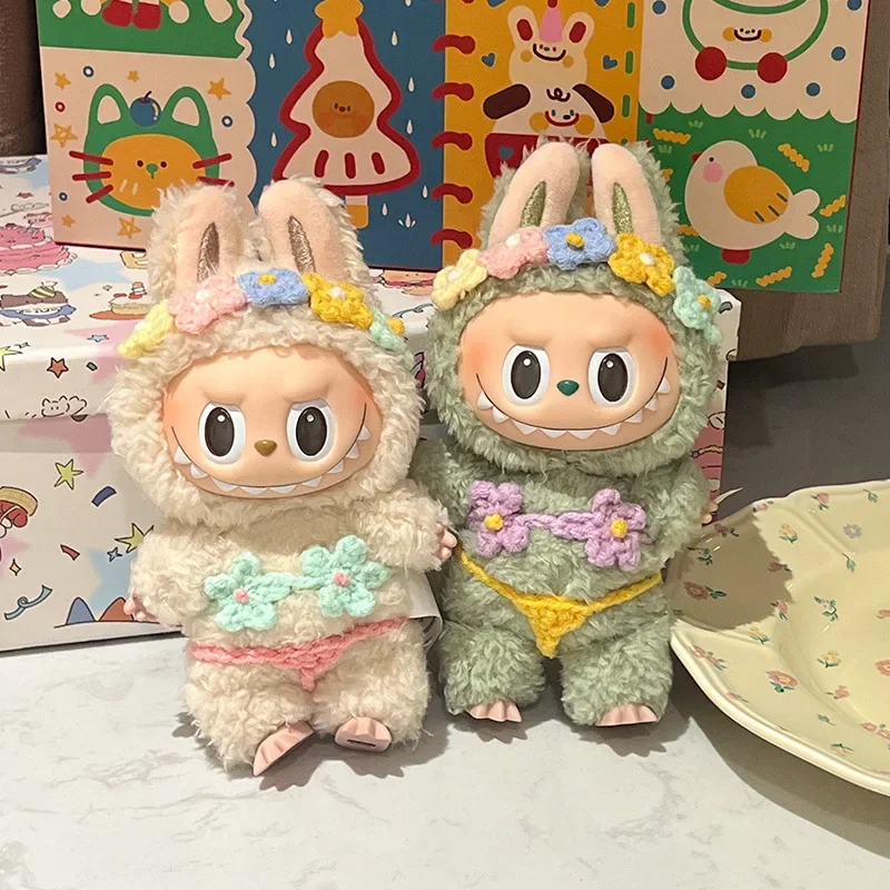 Labubu الملابس 15/17 سنتيمتر V1 V2 V3 دمية صغيرة أفخم دمية هاواي نمط بيكيني العشب تنورة رباط شعر 3 قطعة/الحزمة ملابس السباحة اكسسوارات