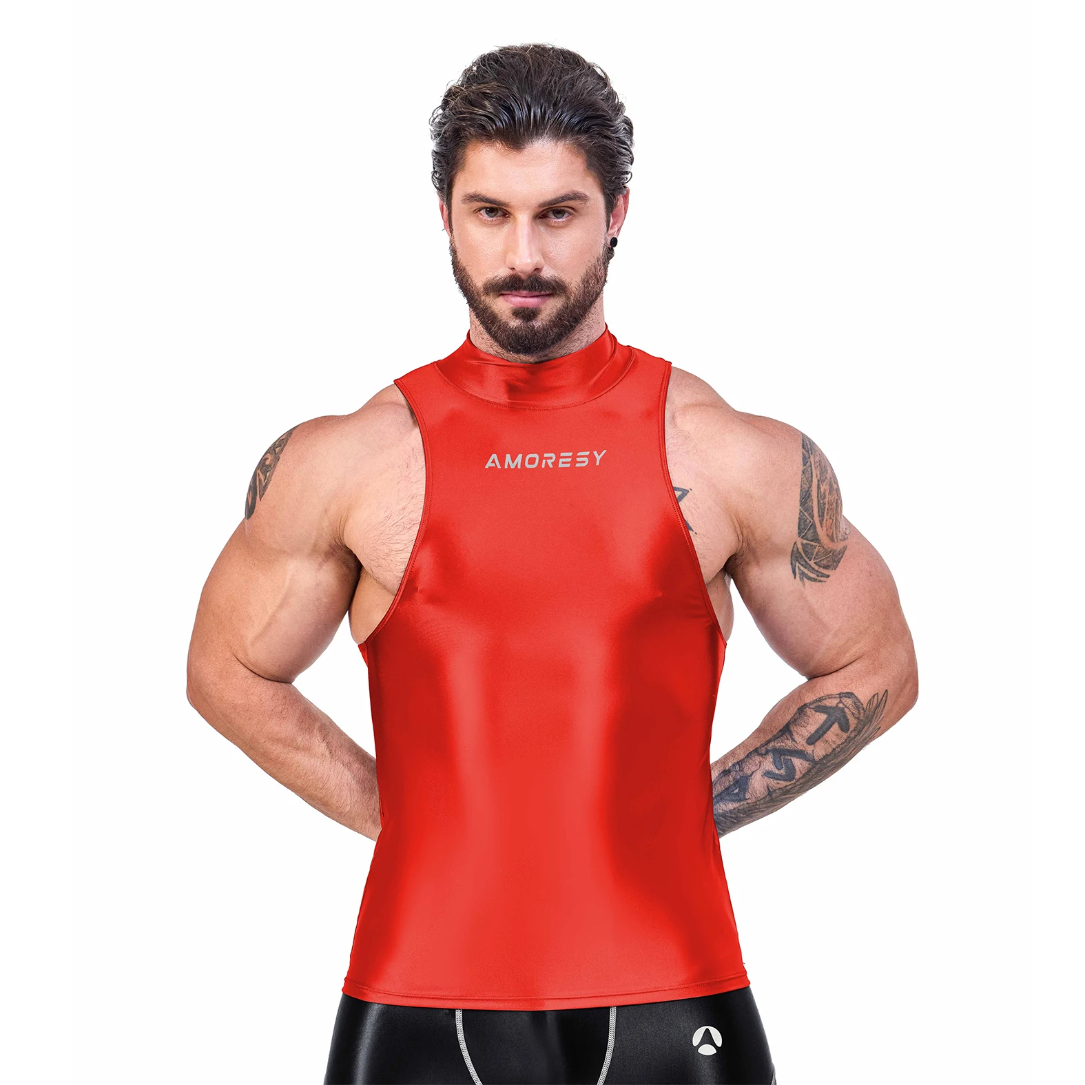 AMORESY Men\'s Satin Glossy High Neck Activewear Tops Sports Breathable Sleeveless Tights Running Breathable Spandex Hurdle Vest