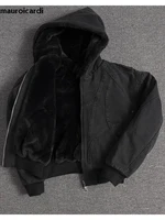 Mauroicardi Otoño Invierno corto grueso cálido de gran tamaño de lona lavada chaqueta acolchada con piel sintética interior suelta Casual Sudadera con capucha