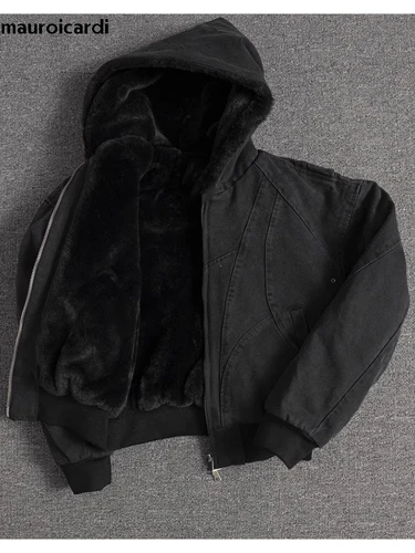 Imagen 1 del producto Mauroicardi Otoño Invierno corto grueso cálido de gran tamaño de lona lavada chaqueta acolchada con piel sintética interior suelta Casual Sudadera con capucha