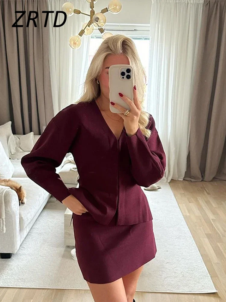 Elegant Knitted Wine Red Cardigan Mini Skirt Set Women V Neck Long Sleeve Top Cozy A-line Skirts 2024 Autumn Lady Office Outfit