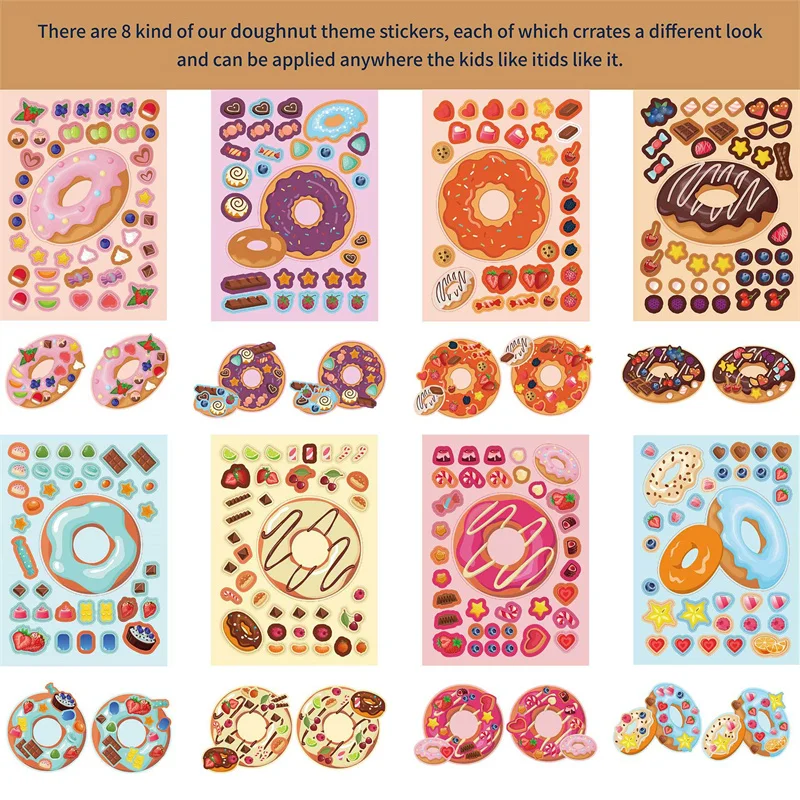 Donut Stickers Sheets Set Creative Kids DIY Make Your Own Doughnuts Treats Sweets Sticker Children Birthday Party Games Gifts