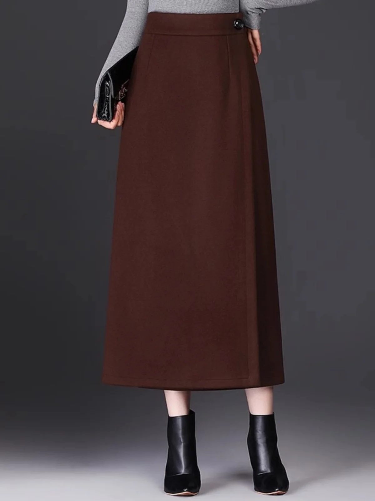One-Piece Woolen  Midi Skirt Women's Spring Autumn High Waist A-Line Straight Cut Open Slit Business Casual Long Skirt