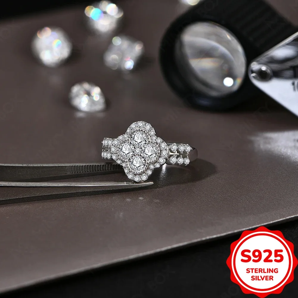 Fashionable and Versatile Genuine S925 Silver Four-leaf Diamond Zircon Women's Wedding Ring Banquet Commuting Ring