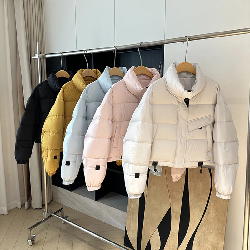 

Winter Stand Collar Solid Short Down Jacket Female Fluffy Warm Parker Outwears Women 90% White Duck Down Zipper Down Jackets