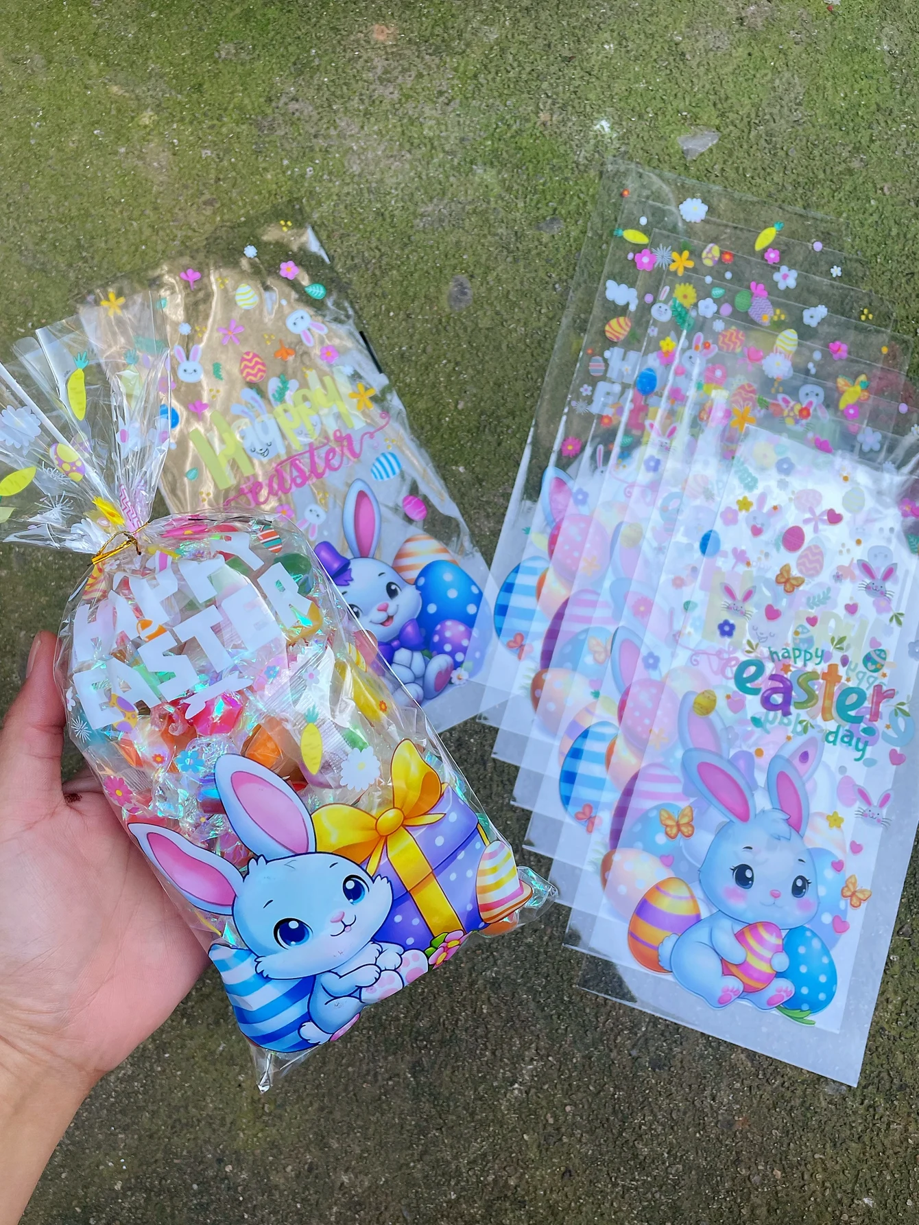 50pcs Cute Little Rabbit Easter Egg Pattern Gift Flat Bags With Golden Tie, Colorful Balloon Happy Easter Printed Gift Decor Bag