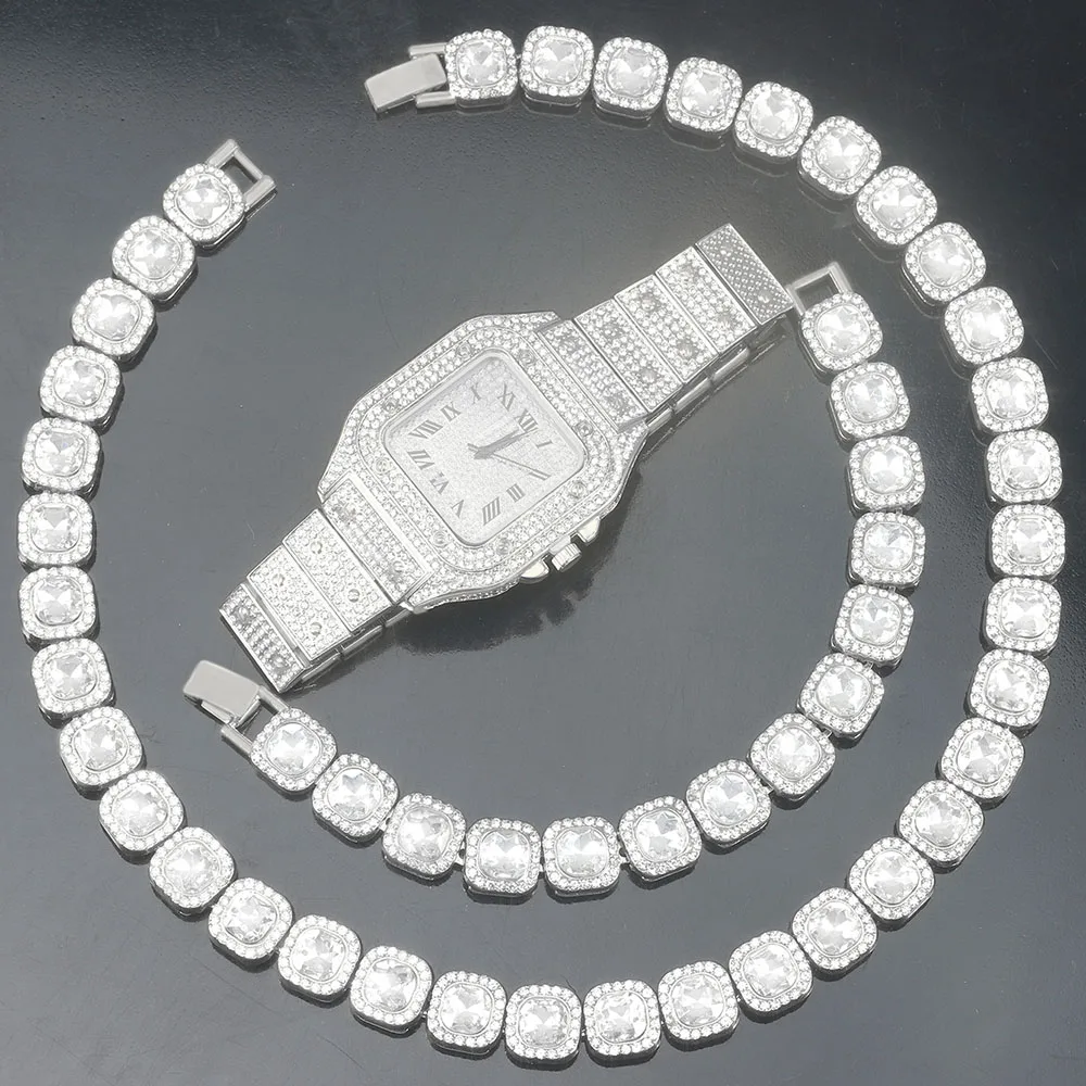3pcs Stylish Watch Set Luxury Hip-hop Punk Sugar Cube Chain+Bracelet+Square Watch 3-in-1 Set Men Street Style Trend Jewelry Gift