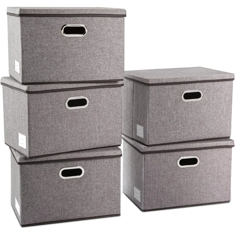 

Large Collapsible Storage Containers with Lids [5-Pack] Linen Fabric Foldable Storage Bins Boxes Organizer Baskets Cube