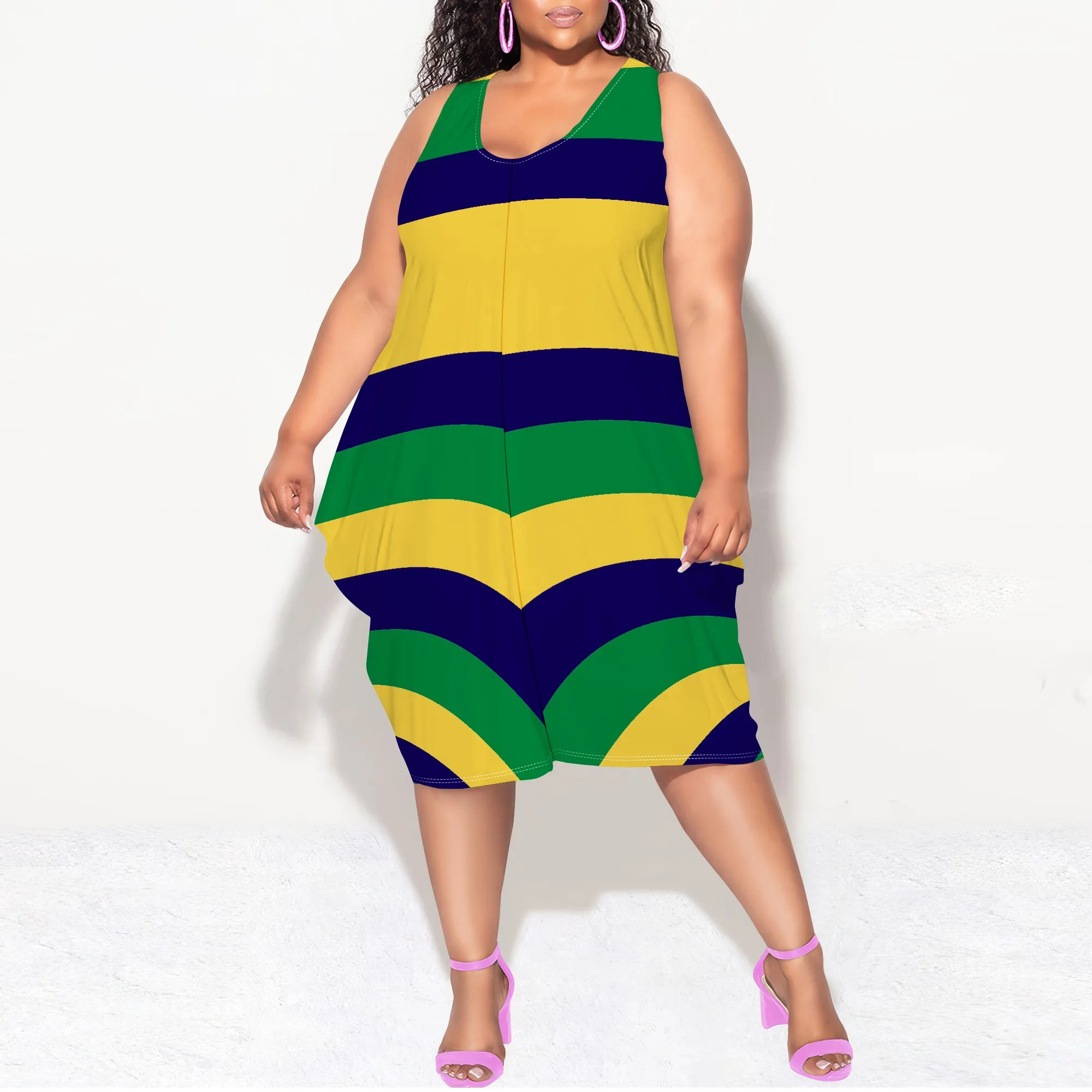 

Plus Size Women's Summer Fashion Printed Sleeveless Round Neck Midi Dress for Women Loose Casual Midi Dress With Belt