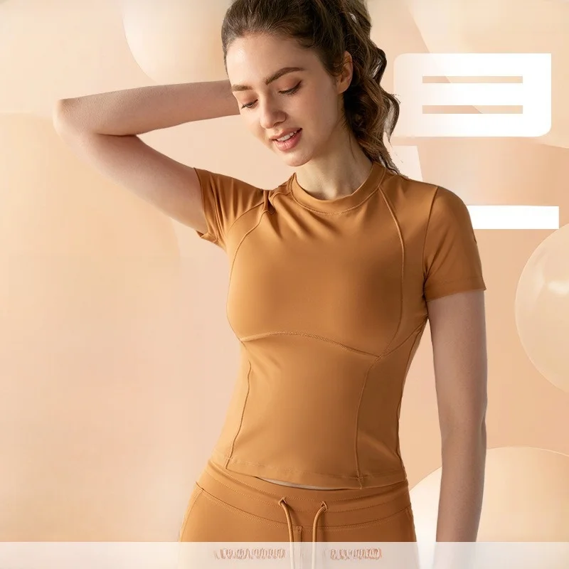 

Women's Round-Neck Yoga T-Shirt Spring/Summer Slim-Fitting Breathable Sports Top with Waist-Cinching Short Sleeves for Running